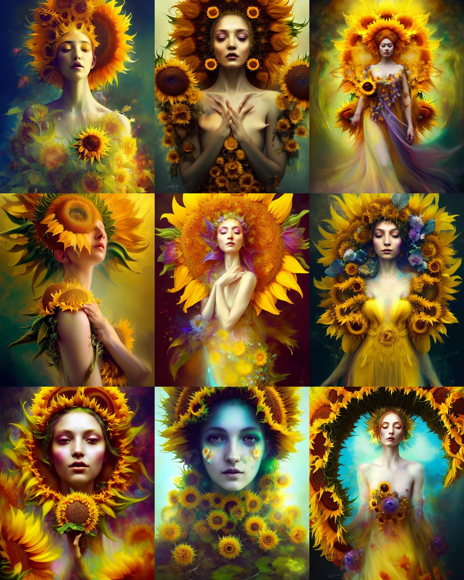 Image similar to Full View Portrait Mystical ethereal sunflower deity wearing beautiful dress, sunflower Dryad, 4k digital masterpiece by Anna dittman and Ruan Jia and Alberto Seveso, fantasycore, Hyperdetailed, realistic oil on linen, soft lighting, sunflower background, featured on Artstation