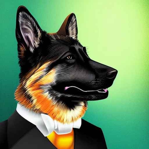 Prompt: anthropomorphic furry german Shepherd wearing a tuxedo, Digital Art