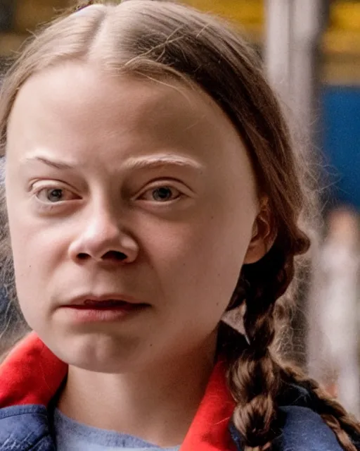 Image similar to film still close - up shot of greta thunberg giving a speech in a train station from the movie brokeback mountain. photographic, photography