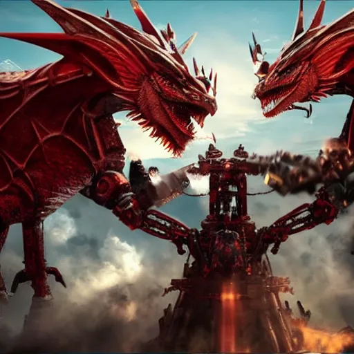 Image similar to dragons fighting with giant robots, cinematic, ultra realistic