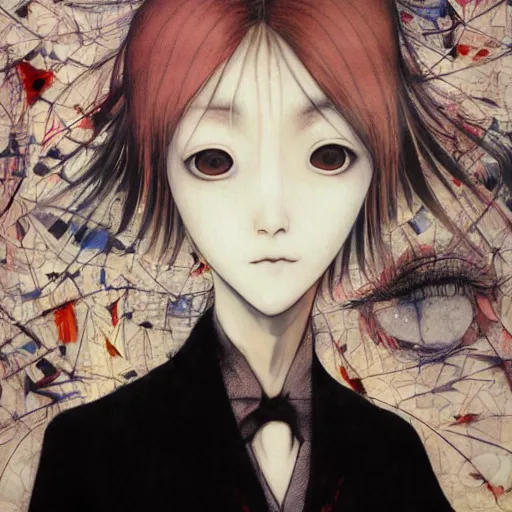 Image similar to yoshitaka amano blurred and dreamy realistic portrait of a woman with black eyes and white hair wearing dress suit with tie, junji ito abstract patterns in the background, satoshi kon anime, noisy film grain effect, highly detailed, renaissance oil painting, weird portrait angle, blurred lost edges, three quarter view