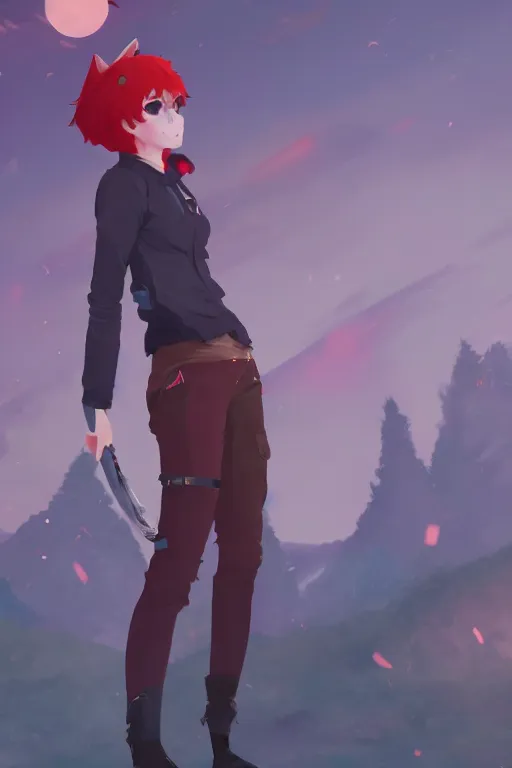 Image similar to wolf fursona, a full body portrait of a the sellsword marissa bell, short red hair, fantasy, makoto shinkai, james gilleard, very detailed, matte, gaussian blur