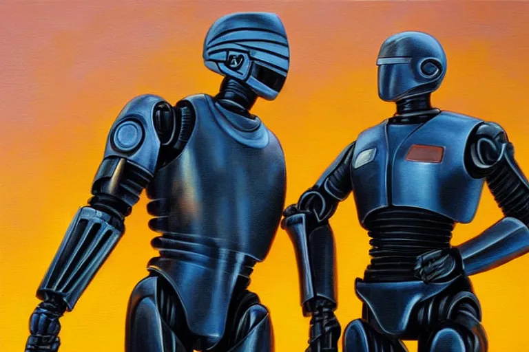 Prompt: robocop, fantasy, painting, ultra realistic!!!, clear weather, golden hour, sharp focus