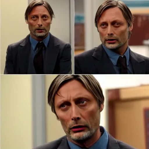 Image similar to Mads Mikkelsen in The Office US, deadpan shot, funny, sitcom