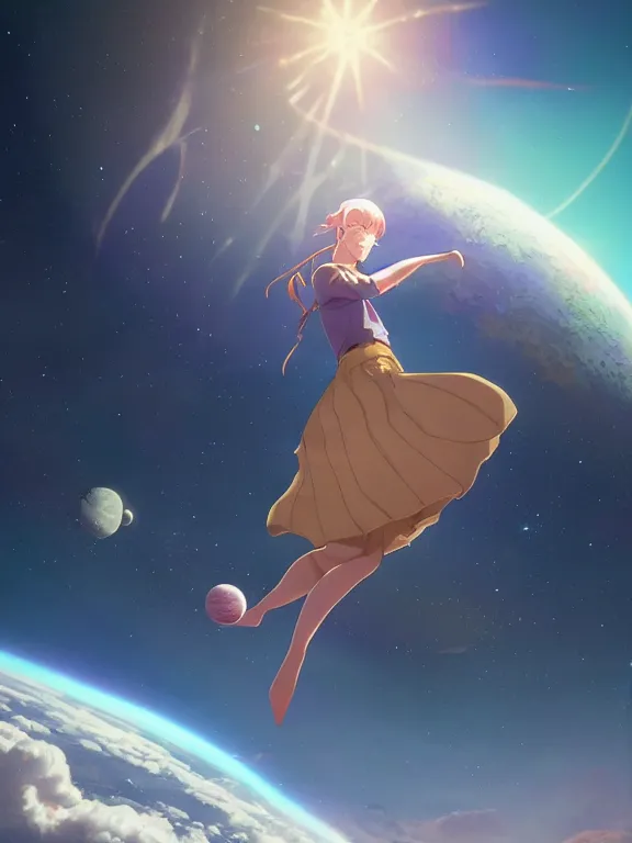 Image similar to a godly, wise, powerful giant girl wearing a skirt in space holding a small planet in her left hand. Soft lighting, cosmic skies, stunning, 8K, octane render. By Makoto Shinkai, Stanley Artgerm Lau, WLOP, Rossdraws, James Jean, Andrei Riabovitchev, Marc Simonetti, krenz cushart, Sakimichan, D&D trending on ArtStation, digital art.