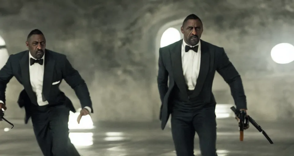 Image similar to idris elba as james bond, cinematic action scene, struggling to not fall off a building, straining, tuxedo, color corrected, promotional movie shot