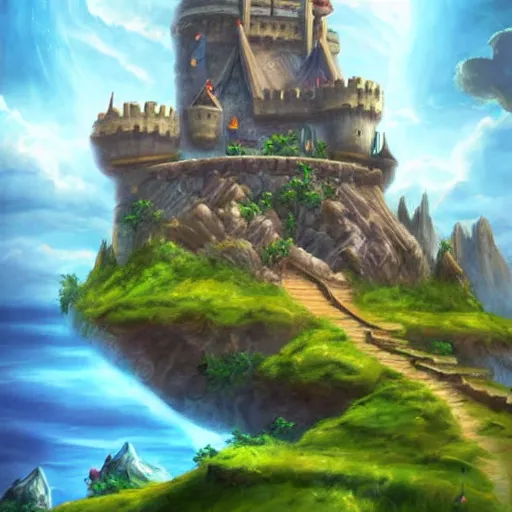 Image similar to a castle on a flying island, an island floating in the sky, clouds background, hearthstone coloring style, epic fantasy style art, fantasy epic digital art, epic fantasy card game art