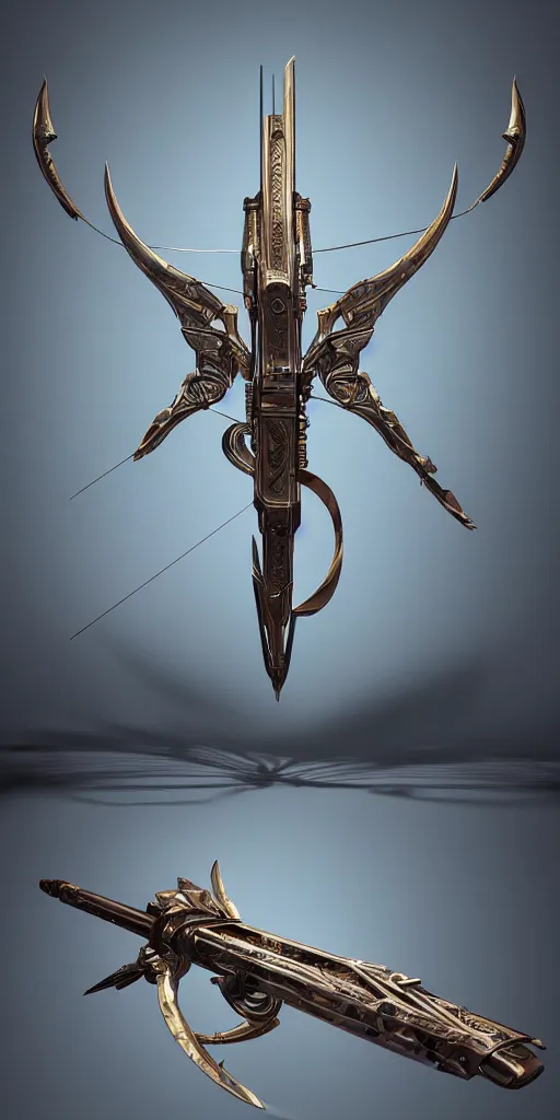 Image similar to a beautiful delicate huge mega bow and arrow weapon, solid background, electron flow, android, mechanical, metal, weapon design, fine texture structure, hyper detailed, perfect shadows, atmospheric lighting, 3 d render, in the style of pascal blanche and sparth juan zigor samaniego, paul pepera pablo roldan, displayed in the exhibition hall, 4 k hd