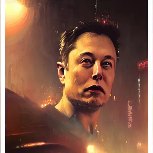 Image similar to elon musk, hyperrealistic portrait, bladerunner street, art of elysium by jeremy mann and alphonse mucha, fantasy art, photo realistic, dynamic lighting, artstation, poster, volumetric lighting, very detailed face, 4 k, award winning