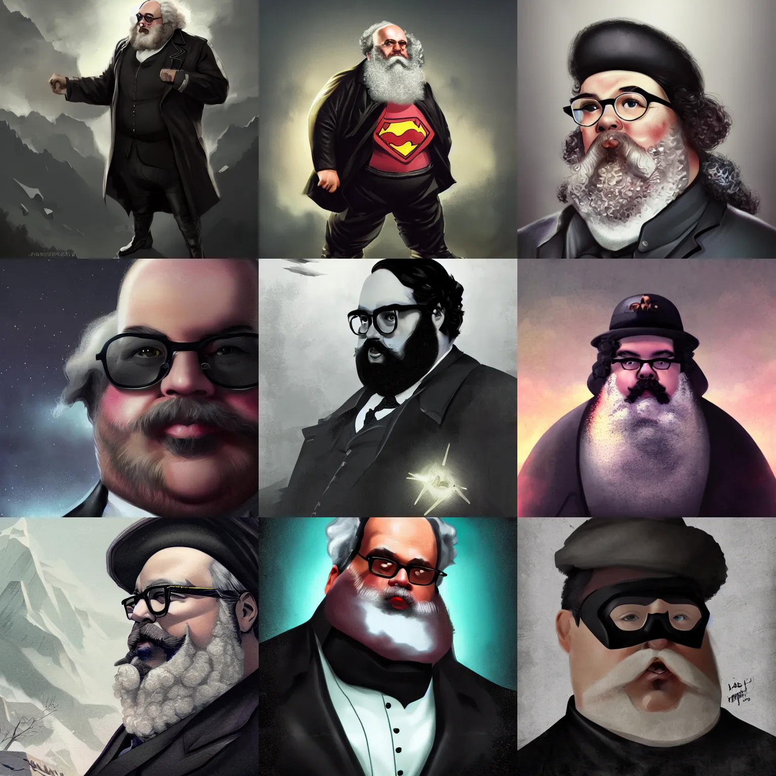 Prompt: an overweight and bald Karl Marx wearing black and square hipster glasses while wearing a superhero costume, Charlie Bowater, poster, epic, matte painting, cinematic, trending on artstation, deviantart and cgsociety, 8k, high resolution