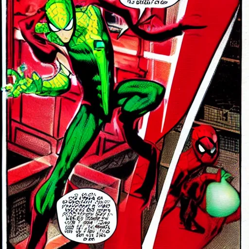 Prompt: comic book art of a green red spider man in Dhaka comic book art by Stan Lee