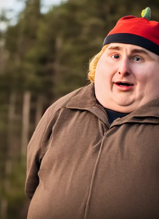 Image similar to portrait photo still of real life eric cartman, 8 k, 8 5 mm, f. 1 4