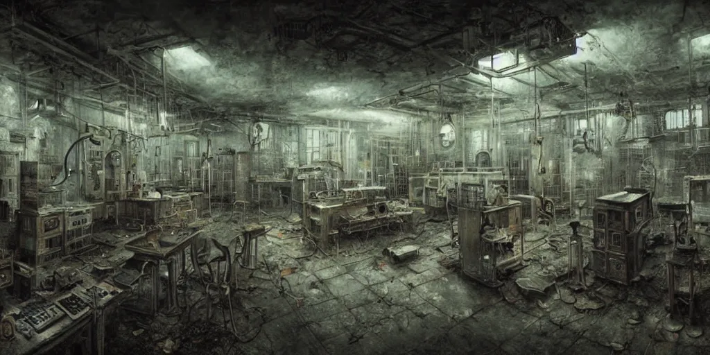 Image similar to abandoned laboratory with vacuum tube computers, early xx century technology, dark atmosphere, intricate, elegant, highly detailed, urban decay, digital painting, artstation, concept art, smooth, sharp focus, octane render, dramatic lighting, volumetric lighting, cinematic lighting, art by zdislav beksinski and hans giger