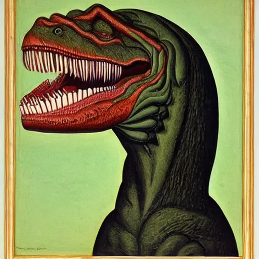Image similar to portrait of an anthropomorphic tyrannosaurus rex, sandro bottecelli, 1 5 0 0