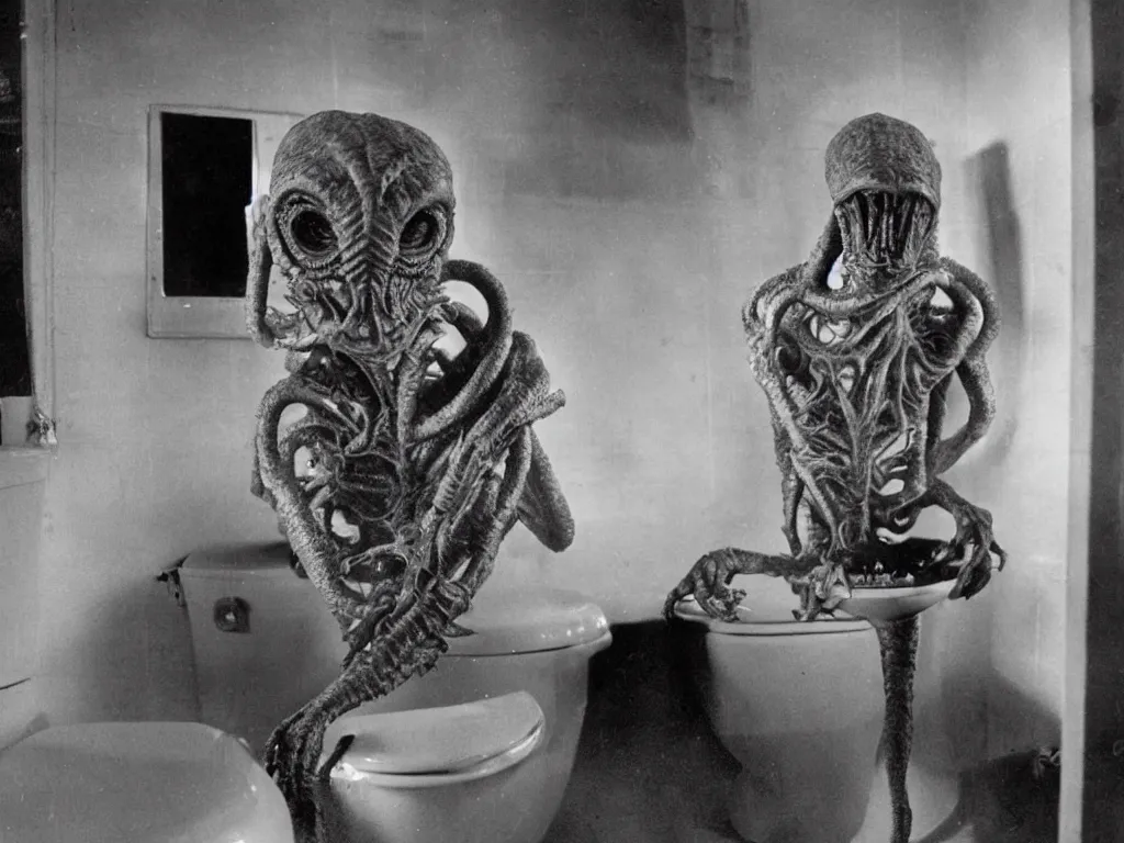 Prompt: HP Lovecraft alien sitting on the toilet. Color photograph from modern sci-fi film.