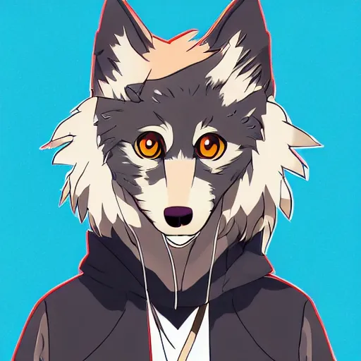 Image similar to key anime visual portrait of an anthropomorphic anthro wolf fursona, in a jacket, with handsome eyes, official modern anime art