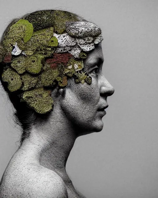 Prompt: a woman's face in profile, made of lichens, in the style of the dutch masters and gregory crewdson, dark and moody