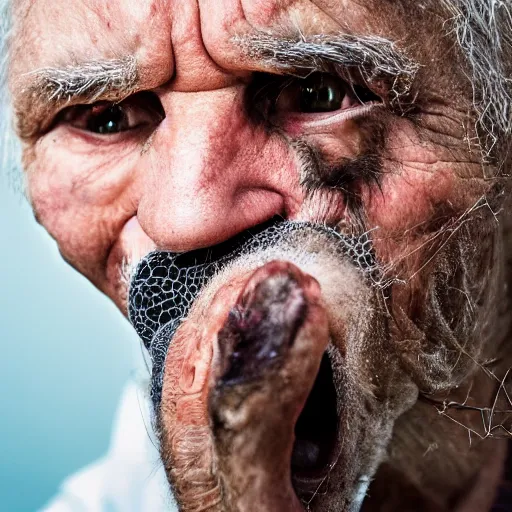 Image similar to National Geographic photo of angry old man with spiders in his mouth