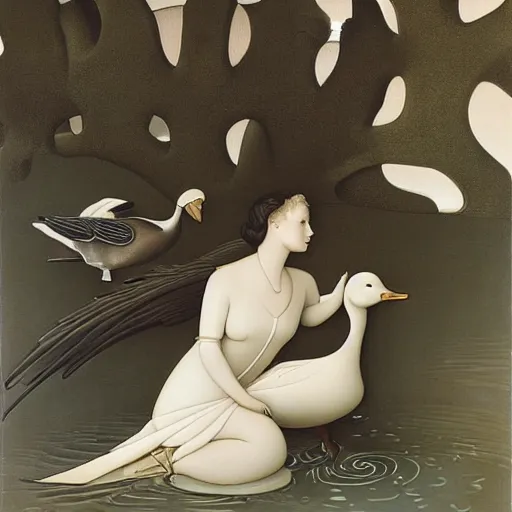 Prompt: the lady and the goose, by Michael Parkes