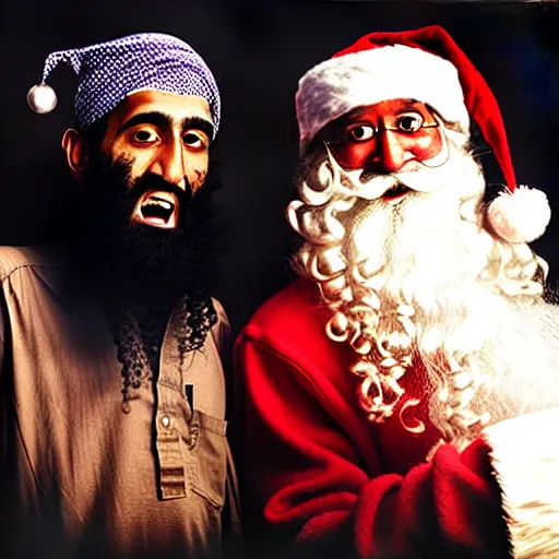 Prompt: uhd candid photo of bin laden and santa claus on skid row, making a dirty bomb. correct faces, studio lighting, intricate details, hyperdetailed, accurate faces. photo by annie leibowitz