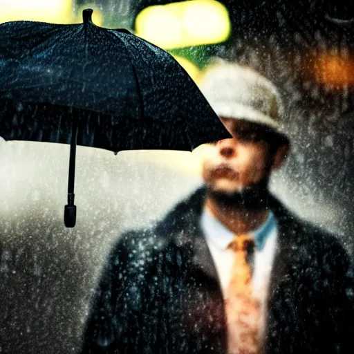 Image similar to noir detective with rain in the background bokeh