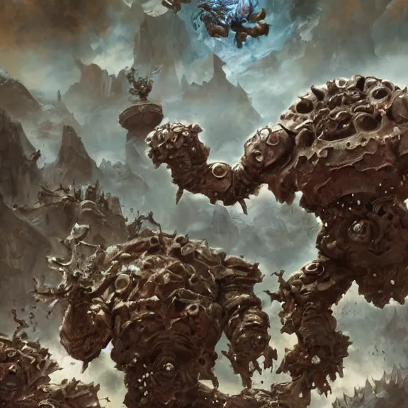 Prompt: labradorite, golem still frame from warhammer movie, legendary magical crystal construct by wayne barlowe, crystal golem fighting vast army by jakub rozalski, labradorite lightning elemental by peter mohrbacher