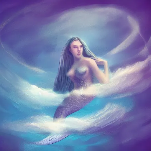 Prompt: “giant mermaid swimming through the clouds. Digital art, Trending on ArtStation, God rays”