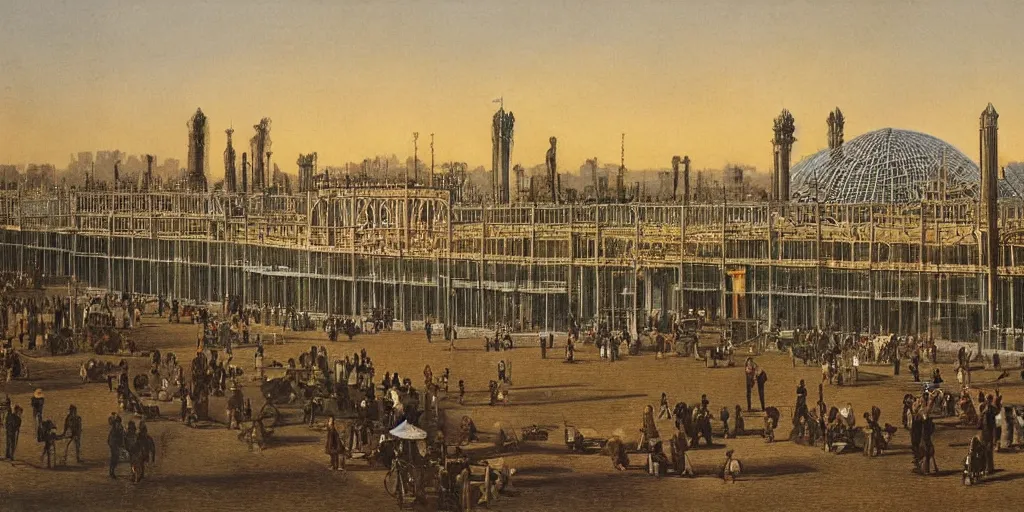 Image similar to a color photograph of the crystal palace, london exhibition of 1 8 5 1, golden hour