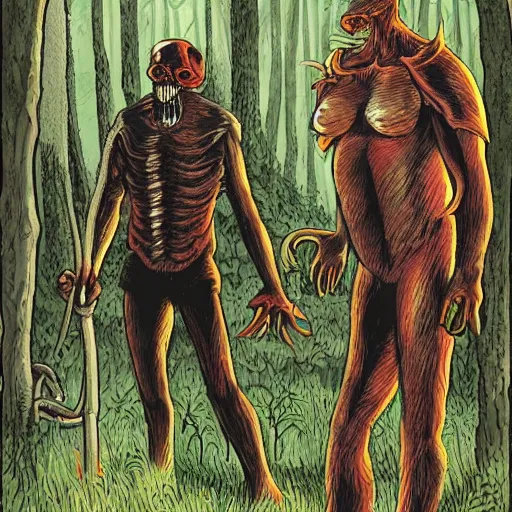 Image similar to sci - fi, hunters of monsters walking in a meat and bone forest, art by oscar chiconi