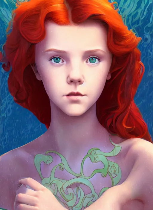 Image similar to well - lit art nouveau portrait of a 1 3 - year old girl who resembles millie bobby brown with red hair looking worried under water, natural lighting, path traced, highly detailed, high quality, cartoon, digital painting, by don bluth and ross tran and studio ghibli