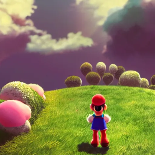 Prompt: a wholesome animation key shot of mario on a hill, fluffy pink anime clouds, studio ghibli, pixar animation, sharp, rendered in unreal engine 5, anime key art, bloom, dramatic lighting