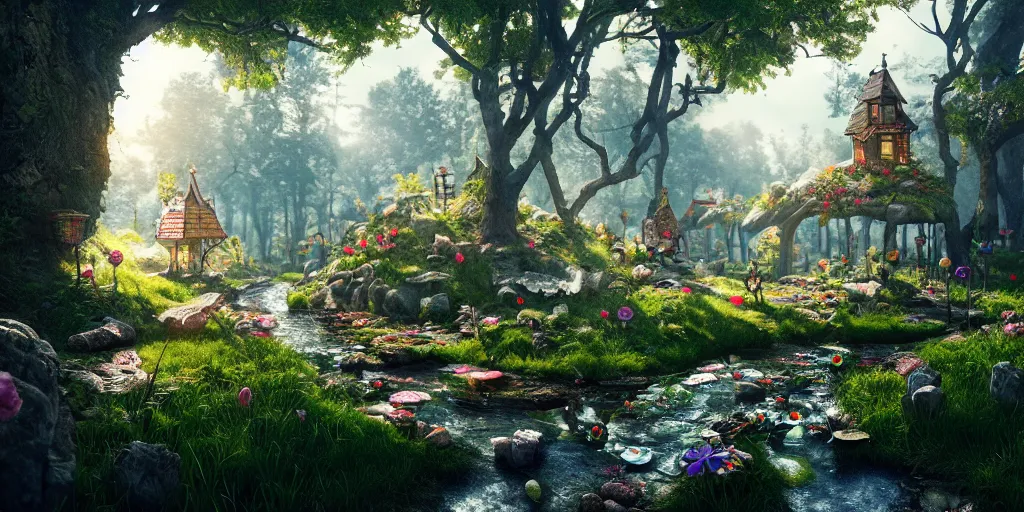 Prompt: wonderland, highly detailed, 8 k, hdr, award - winning, octane render, artstation, volumetric lighting