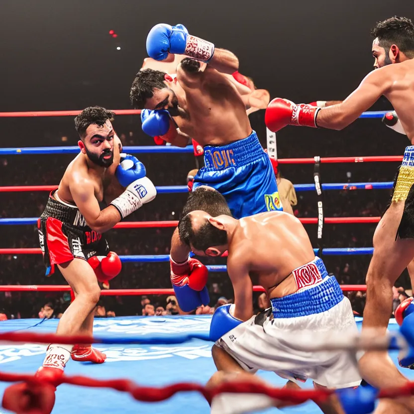 Image similar to landscape photography of a boxing match between rohit sharma and virat kohli in the ring, ultra realistic, highly detailed, canon 3 5 mm photography