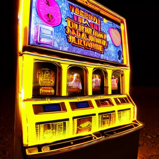 Image similar to a slot machine in the middle of a desert at night, wide shot, liminal space,