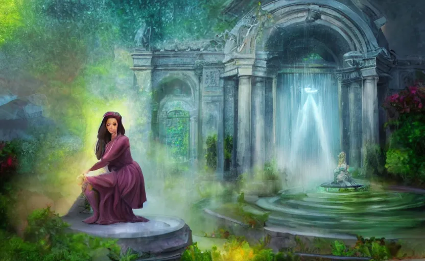 Image similar to The kneeling statue of a woman in a beautiful garden, next to a fountain and a mystical palace, and all this in a foggy and mysterious atmosphere.Fantasy and concept art, colorful digital painting.