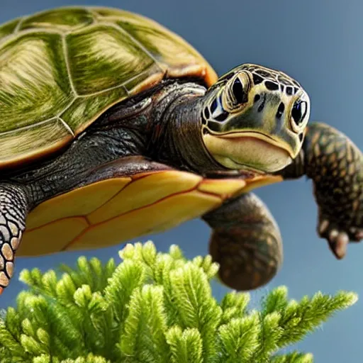 Image similar to highly detailed , photo realistic image , of a turtle , with many types of plant and insect life growing and riding on its shell