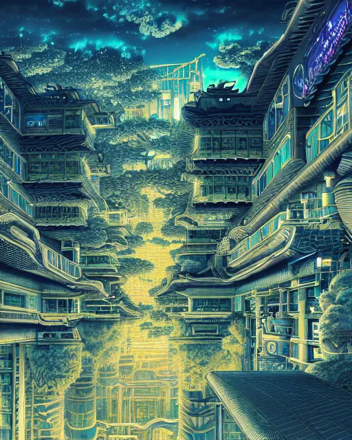 Prompt: a beautiful hyperdetailed anime illustration of nature unfinished building industrial architecture city chateau by moon hoon, futuristic tokyo nightsky nightvision scumm bar apocalyptic atlantis rainforest synthwave thermal imaging, archdaily, wallpaper, highly detailed, trending on artstation.
