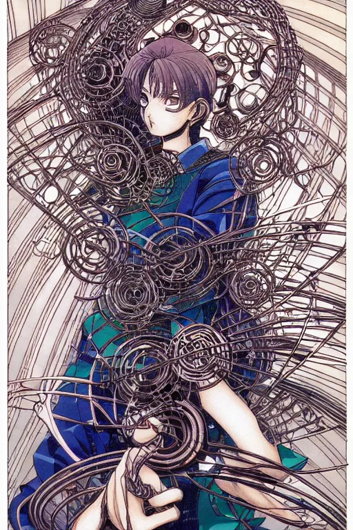 Prompt: illustration of an anime thief character with many metal objects spinning around them, intricate linework, in the style of moebius, ayami kojima, 1 9 9 0's anime, retro fantasy