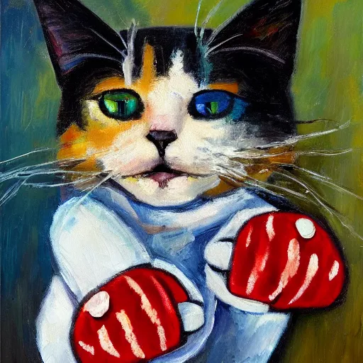 Prompt: palette knife oil painting of a cat wearing a mickey gloves