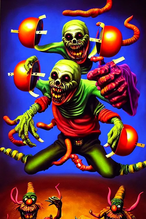 Image similar to a hyperrealistic painting of a epic boss fight against evil jester juggling knives, cinematic horror by chris cunningham, lisa frank, richard corben, highly detailed, vivid color,