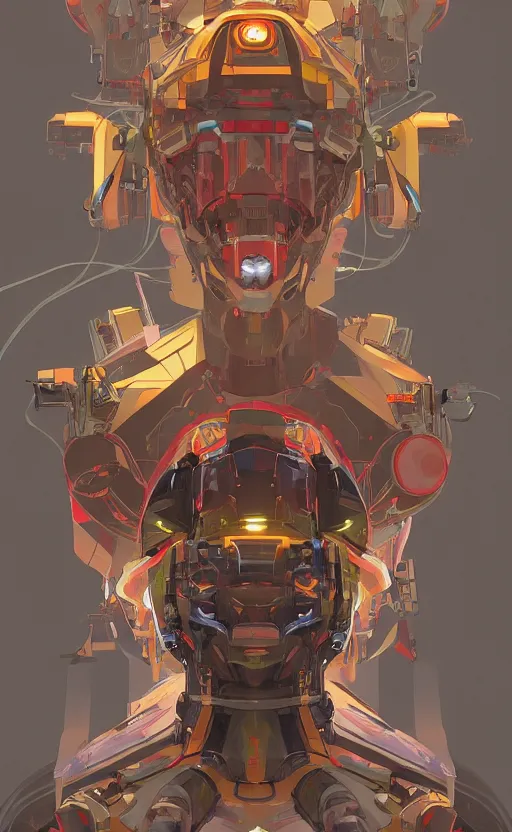 Prompt: upper half portrait of colourful army mecha robot in front of black background, art by hsiao - ron cheng & alphonse mucha, highly detailed, digital painting, concept art, illustration, smooth sharp focus, intricate, symmetry, black backdrop, artstation,