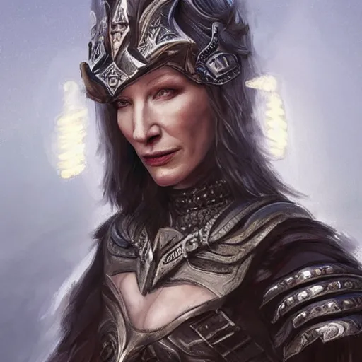 Image similar to portrait of cate blanchett as a warrior woman, looking at camera, d & d, choker on neck, stylish armor, intricate, elegant, stylish, fierce look, fantasy, extremely detailed, digital painting, artstation, concept art, smooth, sharp focus, illustration, stunning lighting, art by artgerm and simon stalenhag