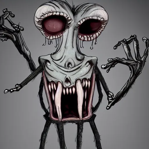 Image similar to mr bean as a monstrous alien, body horror, claws, teeth, bones