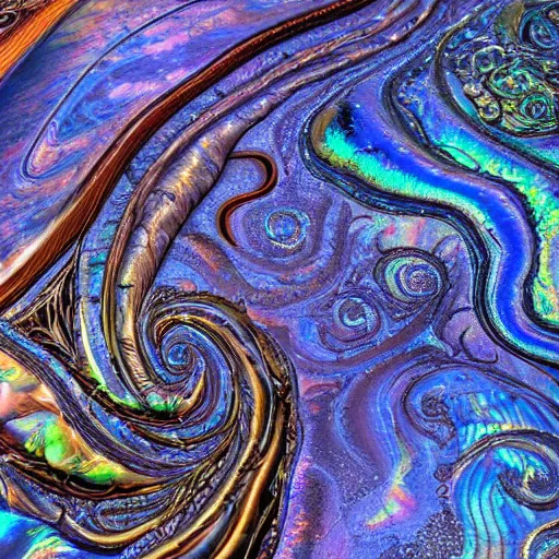 Image similar to Art Nouveau cresting oil slick waves, hyperdetailed bubbles in a shiny iridescent oil slick wave, ammolite, detailed giant opalized ammonite shell, black opal, abalone, paua shell, ornate copper patina medieval ornament, rococo, oganic rippling spirals, octane render, 8k 3D, cresting waves and seafoam