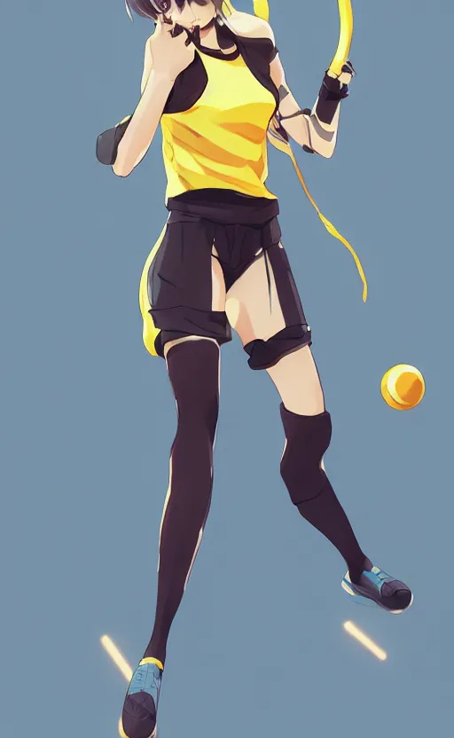 Prompt: character design, manga style, realistic lighting, realistic anatomy, solid colors, made by ilya kuvshinov, safebooru, from arknights, female beach volley player, elegant, futuristic yellow lens, sport clothing, simple background