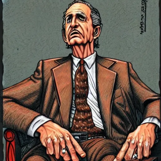 Prompt: The Artwork of R. Crumb and his Cheap Suit The-Godfather-with-a-gun, pencil and colored marker artwork, trailer-trash lifestyle