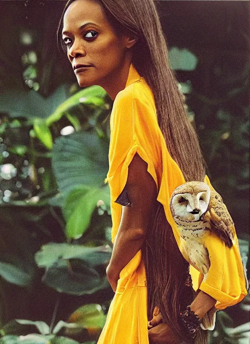 Image similar to grainy head to shoulder portrait Polaroid film photograph of Zoe Saldaña wearing a yellow kimono with a very detailed barn owl on her shoulder!!! in a tropical greenhouse. looking at the camera!!. super resolution. Extremely detailed. Polaroid 600 film. by Annie Leibovitz.