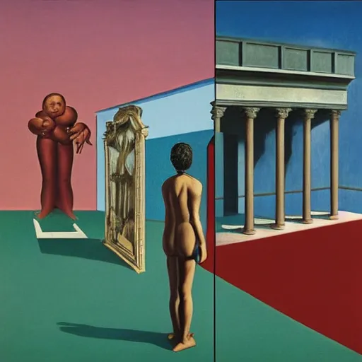 Image similar to problem of evil, godless, symbolic, freudian, by de chirico and magritte and paula rego and neo rauch