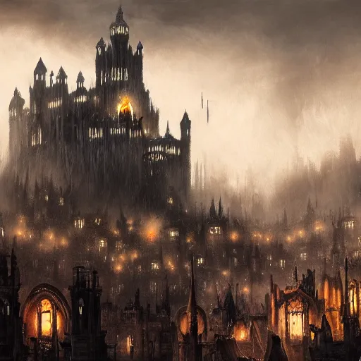 Prompt: fantasy dark medieval gothic cityscape on hill, painting, lights, darkness, lanterns, people in the streets, small buildings, city wall, dark fantasy, magic the gathering, blue tint, detailed, sharp focus, hyperrealistic, fantastic artwork, 4 k, artstation, high fantasy, ravnica, volumetric lighting, strong contrast, dark sky, far shot