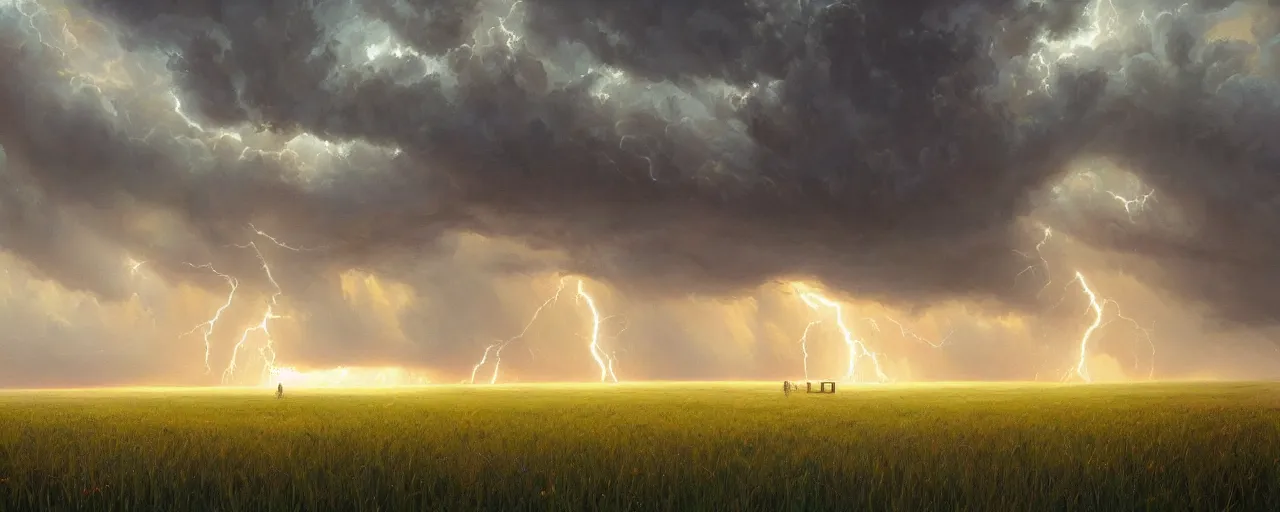 Prompt: big thunderstorm in the grass fields, highly detailed oil painting, unreal 5 render, rhads, bruce pennington, tim hildebrandt, digital art, octane render, beautiful composition, trending on artstation, award - winning photograph, masterpiece